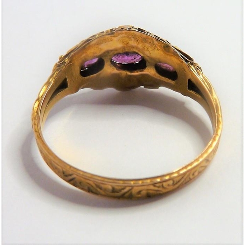 277 - A mid-Victorian 15-carat yellow-gold pink gemstone and half pearl ring; the three oval mixed cut sto... 