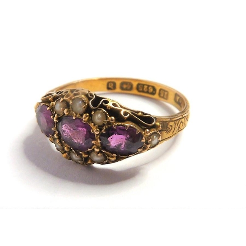 277 - A mid-Victorian 15-carat yellow-gold pink gemstone and half pearl ring; the three oval mixed cut sto... 