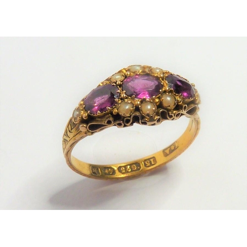 277 - A mid-Victorian 15-carat yellow-gold pink gemstone and half pearl ring; the three oval mixed cut sto... 