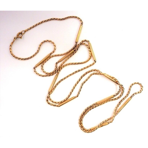 281 - A 9 carat yellow gold fancy link long chain necklace, with plain bar spacers, London import hallmark... 