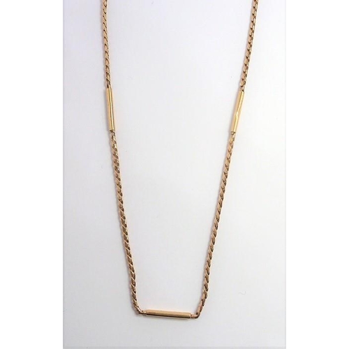 281 - A 9 carat yellow gold fancy link long chain necklace, with plain bar spacers, London import hallmark... 