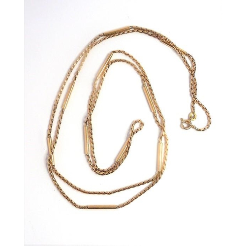 281 - A 9 carat yellow gold fancy link long chain necklace, with plain bar spacers, London import hallmark... 