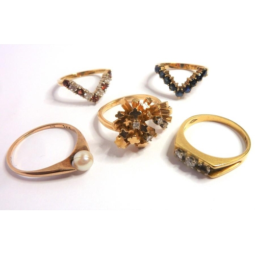 291 - Five gem-set rings; two 9-carat V-shaped keeper rings, a diamond and 18-carat yellow-gold ring, a 14... 