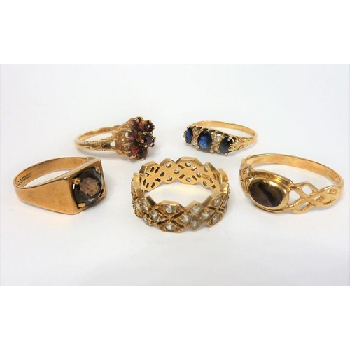 304 - Five 9-carat gold stone-set rings; ring sizes  (The cost of UK postage via Royal Mail Special Delive... 