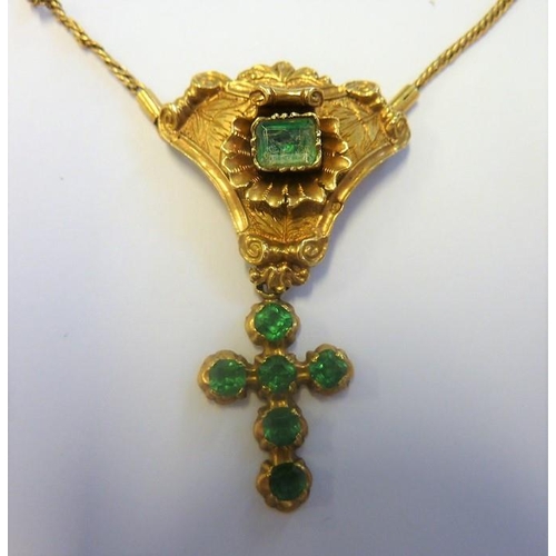 305 - A 19th century yellow-metal pendant and chain suspended with an emerald-mounted cross together with ... 