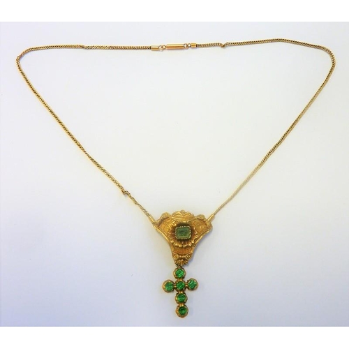 305 - A 19th century yellow-metal pendant and chain suspended with an emerald-mounted cross together with ... 