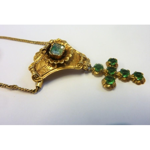 305 - A 19th century yellow-metal pendant and chain suspended with an emerald-mounted cross together with ... 