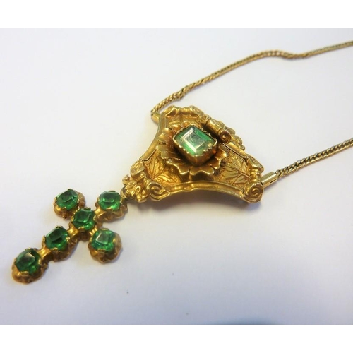 305 - A 19th century yellow-metal pendant and chain suspended with an emerald-mounted cross together with ... 