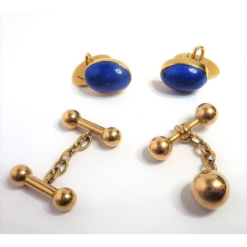 306 - A pair of oval lapis lazuli collet and 18-carat yellow-gold plaque cufflinks; together with two yell... 