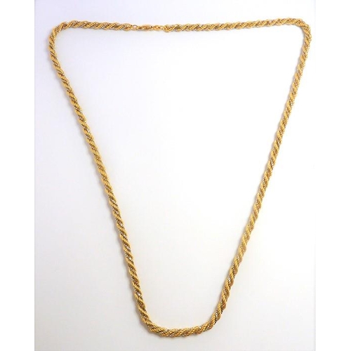 323 - A yellow and white metal fancy link long chain necklace of entwined box link and cable link design, ... 