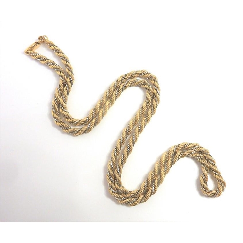 323 - A yellow and white metal fancy link long chain necklace of entwined box link and cable link design, ... 