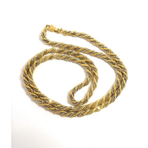 323 - A yellow and white metal fancy link long chain necklace of entwined box link and cable link design, ... 