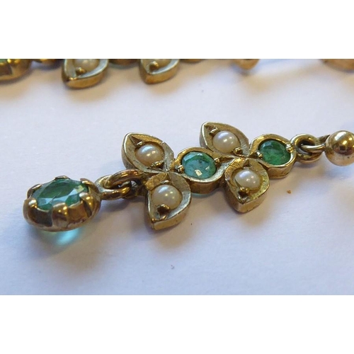 330 - A pair of emerald and half pearl ear pendants, each designed as two trefoils suspending a circular-c... 