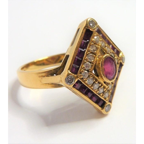 334 - A ruby and diamond-set 18-carat yellow-gold dress ring; the lozenge-shaped plaque centrally set with... 