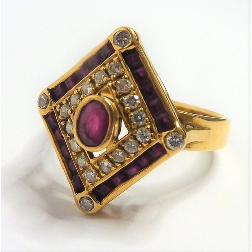 334 - A ruby and diamond-set 18-carat yellow-gold dress ring; the lozenge-shaped plaque centrally set with... 