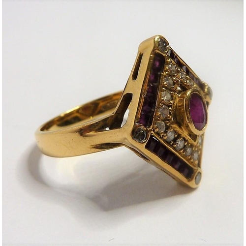 334 - A ruby and diamond-set 18-carat yellow-gold dress ring; the lozenge-shaped plaque centrally set with... 