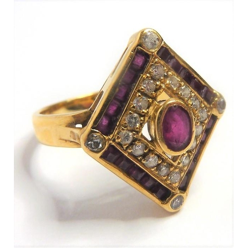 334 - A ruby and diamond-set 18-carat yellow-gold dress ring; the lozenge-shaped plaque centrally set with... 