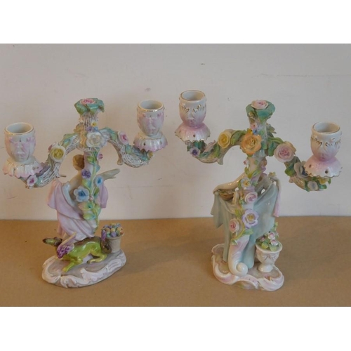 34 - An interesting pair of 19th century hand-decorated continental porcelain two-light candelabra; each ... 