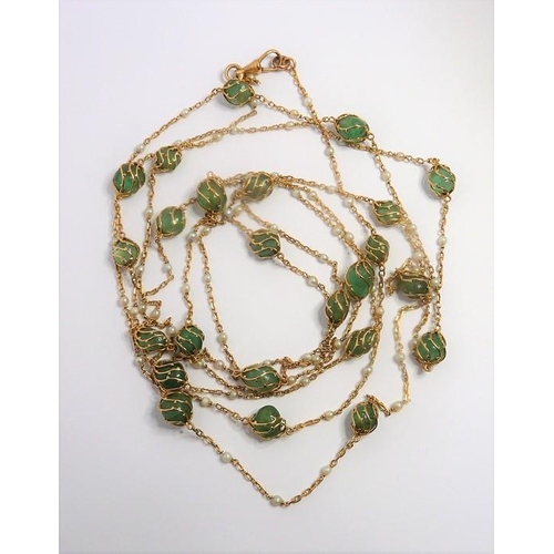 342 - An 18-carat yellow-gold, emerald bead and seed pearl long chain necklace, the trace link chain separ... 