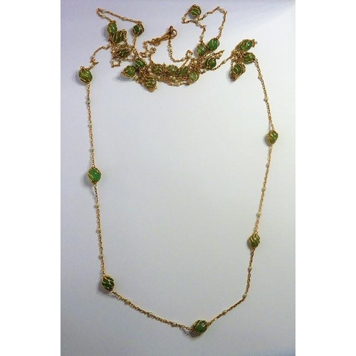 342 - An 18-carat yellow-gold, emerald bead and seed pearl long chain necklace, the trace link chain separ... 