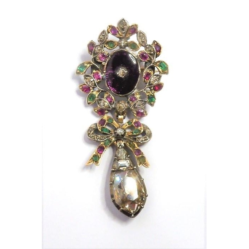 351 - A mid-18th century Rocco diamond, multi-gem-set and enamel articulated tripartite pendant,  of openw... 