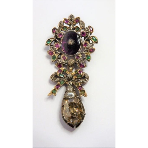 351 - A mid-18th century Rocco diamond, multi-gem-set and enamel articulated tripartite pendant,  of openw... 