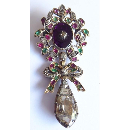 351 - A mid-18th century Rocco diamond, multi-gem-set and enamel articulated tripartite pendant,  of openw... 