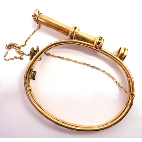 365 - A Victorian yellow-gold pencil hinged bangle, the two bands conjoined at the top with a detachable p... 