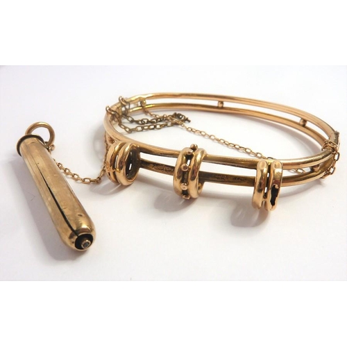 365 - A Victorian yellow-gold pencil hinged bangle, the two bands conjoined at the top with a detachable p... 