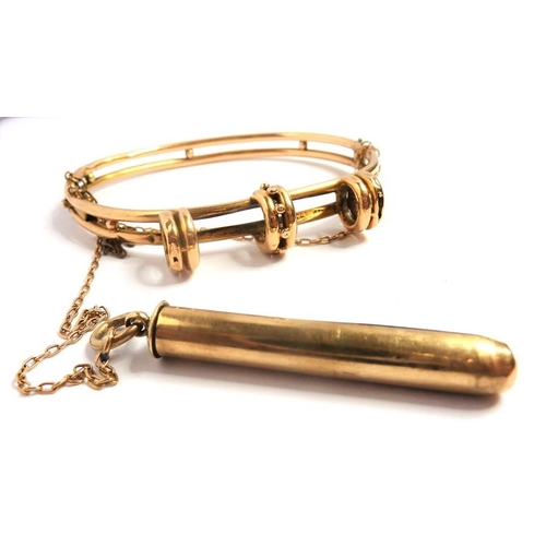 365 - A Victorian yellow-gold pencil hinged bangle, the two bands conjoined at the top with a detachable p... 