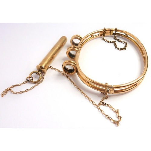 365 - A Victorian yellow-gold pencil hinged bangle, the two bands conjoined at the top with a detachable p... 