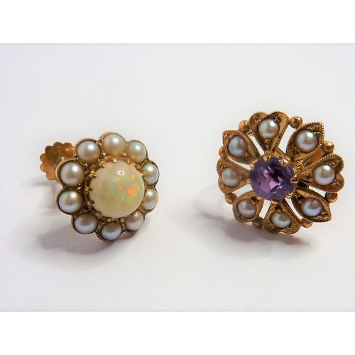 366 - A single cabochon opal and half pearl cluster earring in yellow-gold setting; together with a single... 