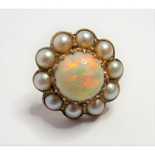 366 - A single cabochon opal and half pearl cluster earring in yellow-gold setting; together with a single... 