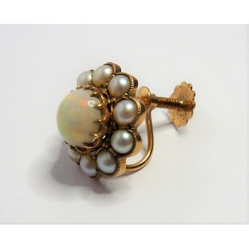 366 - A single cabochon opal and half pearl cluster earring in yellow-gold setting; together with a single... 