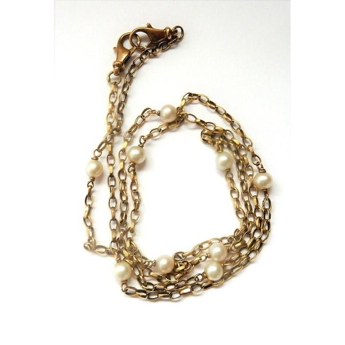 367 - A 9-carat yellow-gold filed belcher link chain necklace with cultured pearl spacers