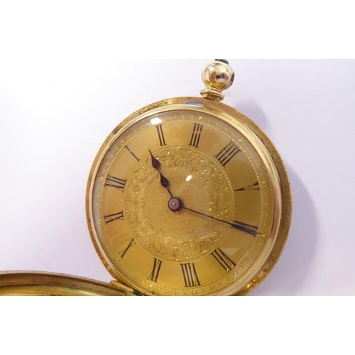 378 - A late 19th century lady's 18-carat gold (marked 18K) half hunter fob watch; the outer case with blu... 