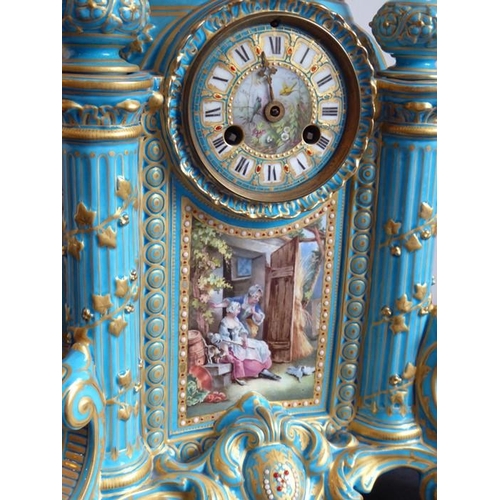 385 - A large 19th century Continental porcelain eight-day mantle clock of architectural form; the domed t... 