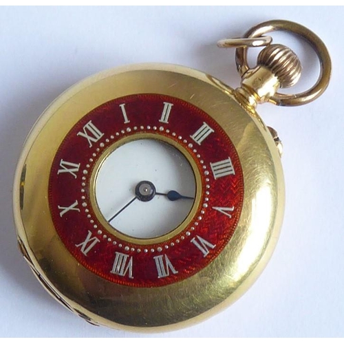 399 - A lady's late 19th/early 20th century 18-carat gold-cased (marked 18K) half hunter pocket watch; the... 