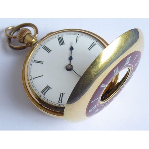 399 - A lady's late 19th/early 20th century 18-carat gold-cased (marked 18K) half hunter pocket watch; the... 