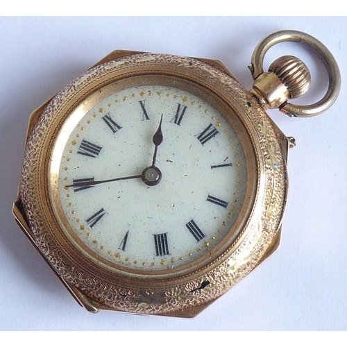 400 - A late 19th/early 20th century octagonal-cased yellow-metal (indistinctly marked 14K) pocket watch; ... 