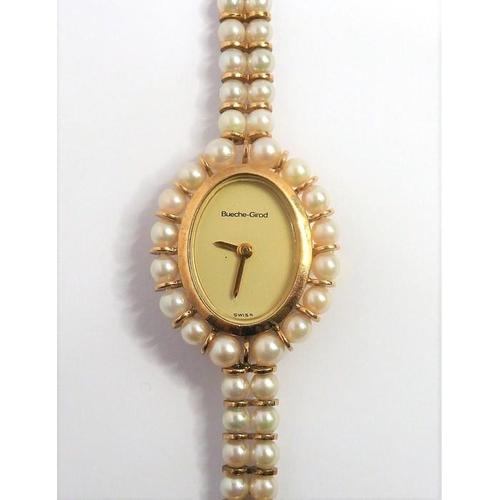 404 - A 9-carat yellow-gold and cultured-pearl wristwatch by Bueche Girod, the plain oval dial signed 'Bue... 