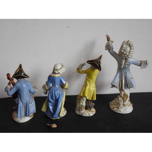 43 - Four hand-decorated 19th century Meissen porcelain monkey band figures (damaged and reparations) (ta... 