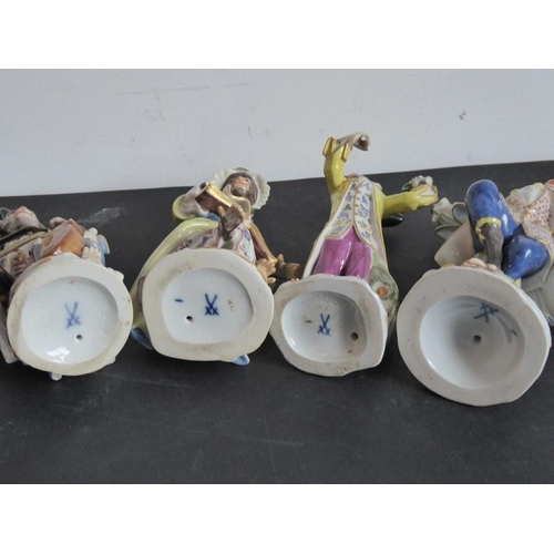 43 - Four hand-decorated 19th century Meissen porcelain monkey band figures (damaged and reparations) (ta... 