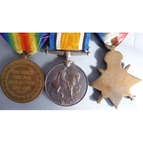 443 - A Royal Navy WW1 group of three to Lieut. N. H. Beaver R.N.: 1914-15 Star, British War Medal and Vic... 