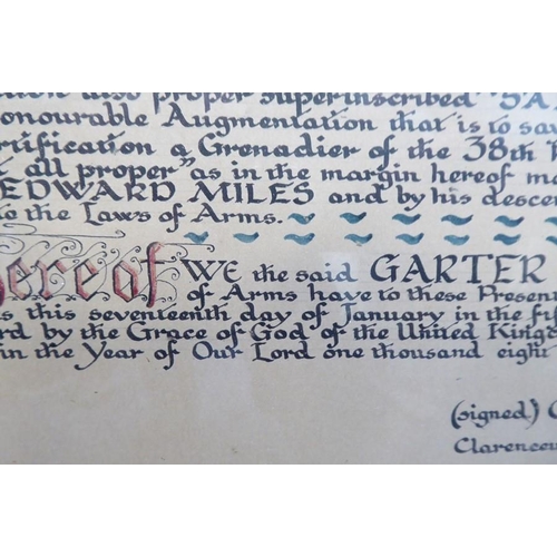 454 - A copy of the Grant of Arms to Lt.-Col. Edward Miles by authority of the Prince Regent, the Garter P... 