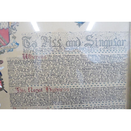 454 - A copy of the Grant of Arms to Lt.-Col. Edward Miles by authority of the Prince Regent, the Garter P... 