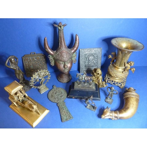 467 - A collection of Asian and Indian metalware to include an Indian pilgrim flask with a sacred cow head... 