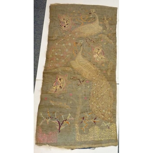 477 - 19th century India, a Zardozi noble silk embroidery depicting two peacocks with snakes (109cm x 52cm... 