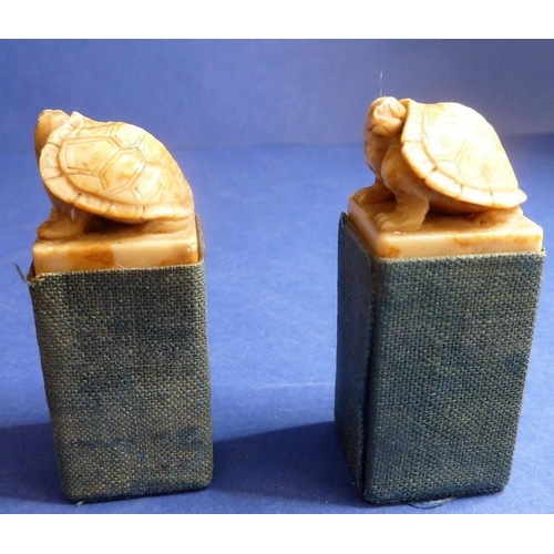 480 - A pair of Chinese export soapstone 'Tortoise Seals', carved with English names 'Mary' and 'Robert' i... 