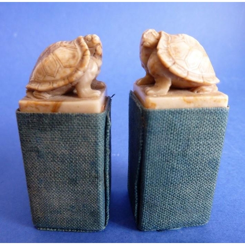 480 - A pair of Chinese export soapstone 'Tortoise Seals', carved with English names 'Mary' and 'Robert' i... 